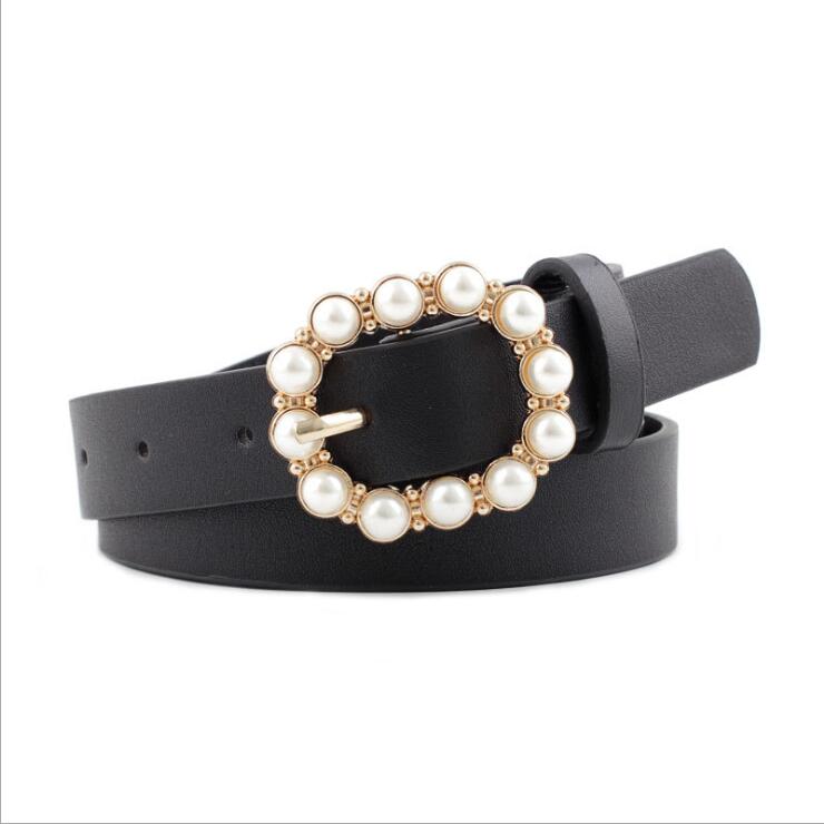 Pearl Oval Buckle Women's Belt Fashionable Simple Wild Inlaid Rhinestone Light Body Belt