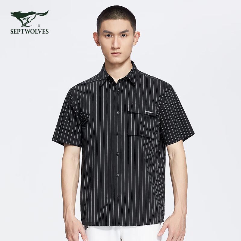 SEPTWOLVES Men's Loose Fit Contrast Stripe Short Sleeve Shirt