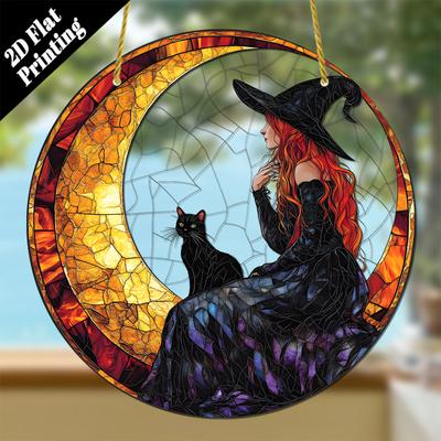 2D flacher Anhänger Hexen- und Fänger mit schwarzer Katze, Halloween-Dekoration, für Wohnzimmer, Schlafzimmer, Veranda innen/außen, Geschenk für Halloween-Party