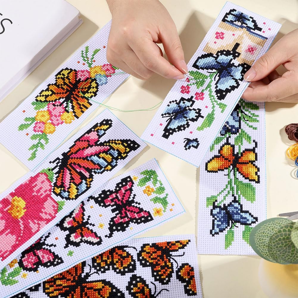 ORIGACH 6 Pcs Cross Stitch Bookmark Kit for Beginner Adults, Butterflies and Flowers Stamped Embroidery Bookmark Kit with Instruction for Starters