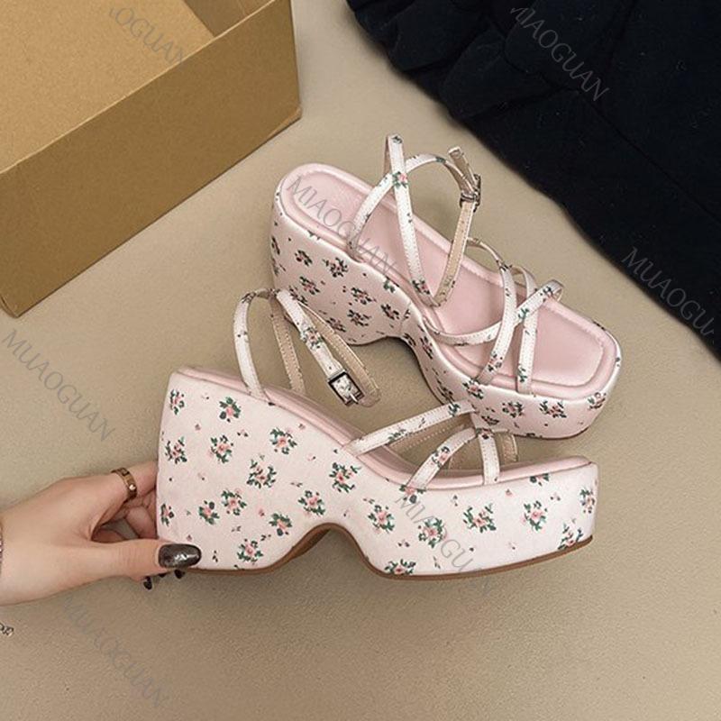 Fashion Thick Bottom High-heeled Sandals 2025 Summer New Outside Wear Sweet Ankle Cross Buckle Rural Style 8cm Wedges Heel Sandalias