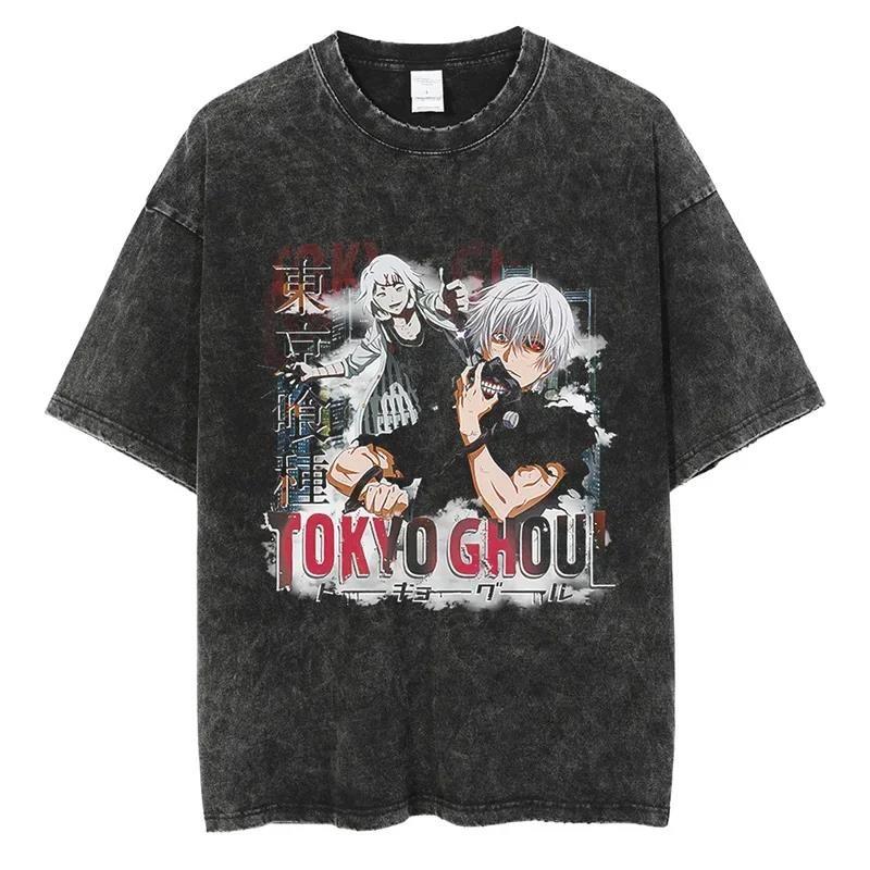Horké Anime Tokyo Ghoul Grafické Prané Tričko s Pavoučí Lilií Pánské Vintage Trička Y2k Bavlněné Tričko Harajuku Pánské Ležérní Topy
