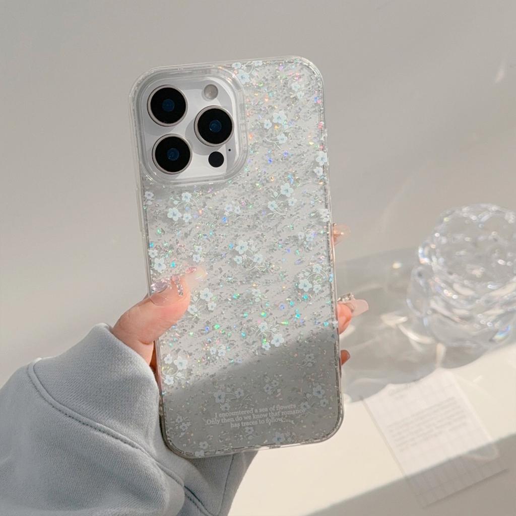 Zarte Blaue Blume für Apple 16 Promax Handyhülle 17 Glitzer für iPhone 15 Durchsichtig