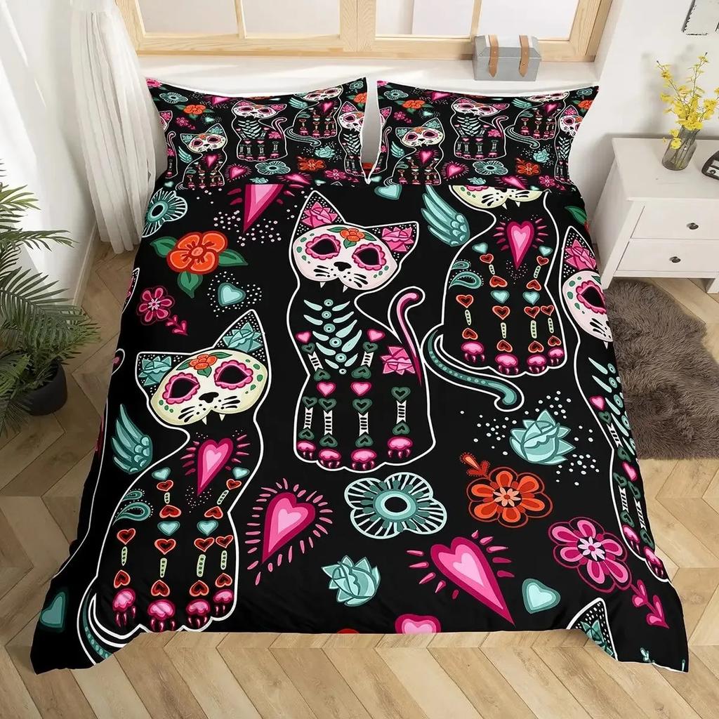Katzenknochen-Bettwäscheset Full QueenHalloween Gothic Totenkopf Bettwäscheset SchwarzWeiß Galaxie Bettdeckenbezug Steppdeckenbezug
