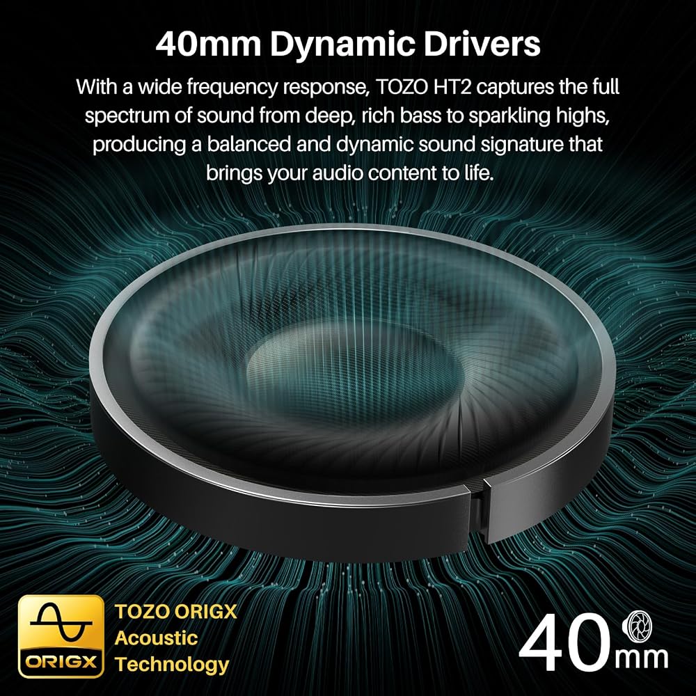 TOZO HT2 Wireless Headphones: Hi-Res Audio (Wired Hi-Res), 40mm Dynamic Drivers, Closed-Back, Foldable, Lightweight, Bluetooth 5.3, Wireless, Type-C &