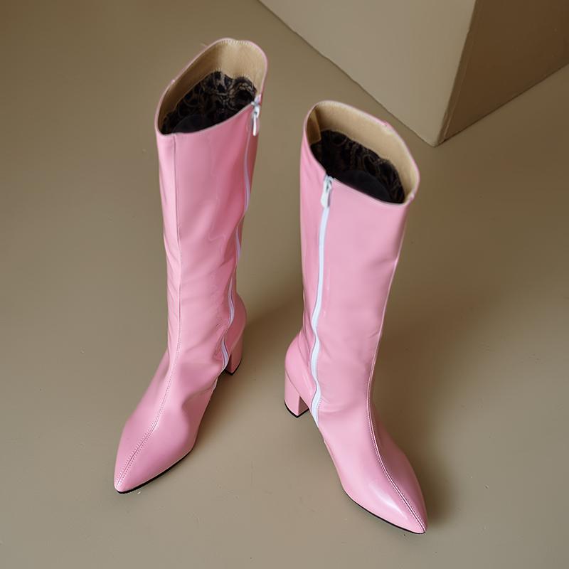 Cizme cu toc înalt pentru femei toamnă și iarnă noi temperament simplu culoare uni cu vârf ascuțit mărime mare cu toc gros cizme medii