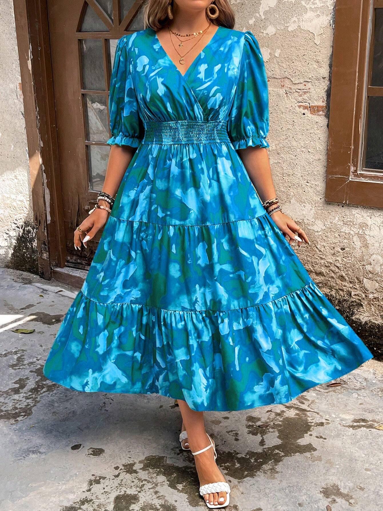 Spring 2025 Elegant V-Neck Puff Sleeve Printed Dress 3XL небесно-голубой