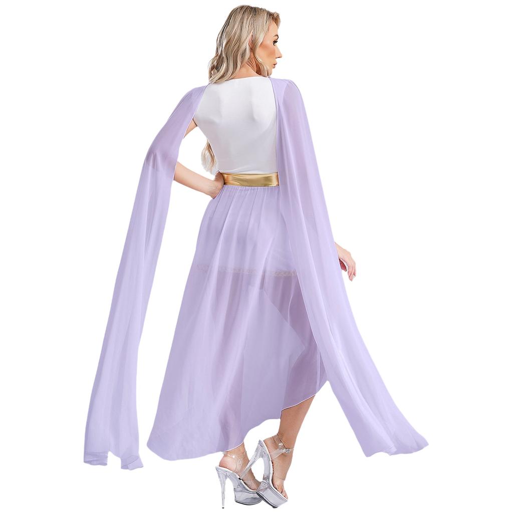 Womens Greek Princess Costume V Neck Cape Sleeve Design Sequin Trim Front Split Dress Queen Cosplay Halloween Party