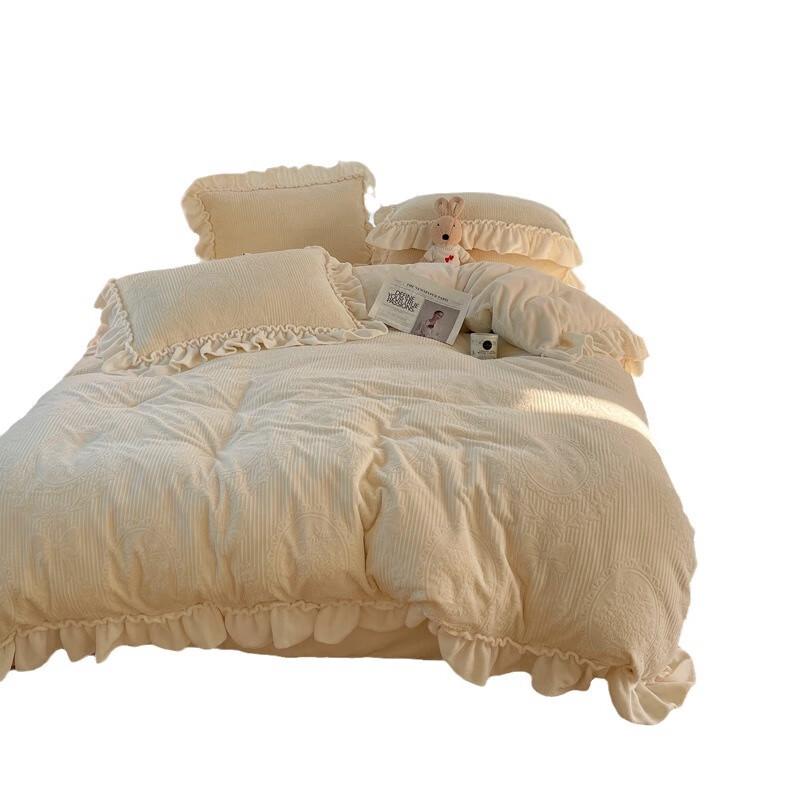 OEING Milk Velvet Ruffle Princess Bow Bedding Set