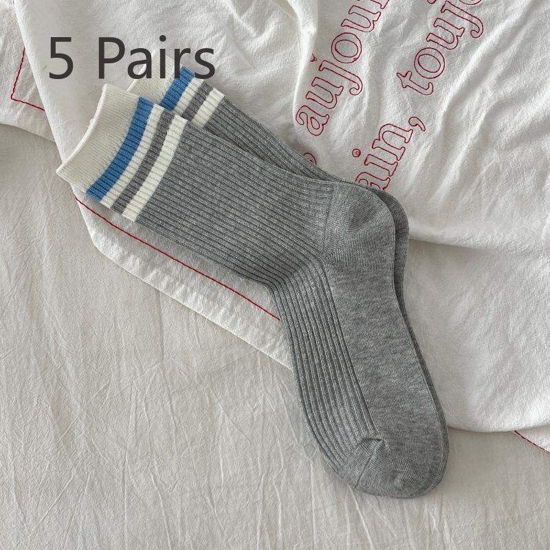 5 Pairs of Women's Spring and Autumn Striped Cotton Wicking Anti Pilling Mid Tube Socks