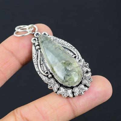 Sterling Silver Pear Moss Prehnite Gemstone Handmade Daughter Pendant Jewelry