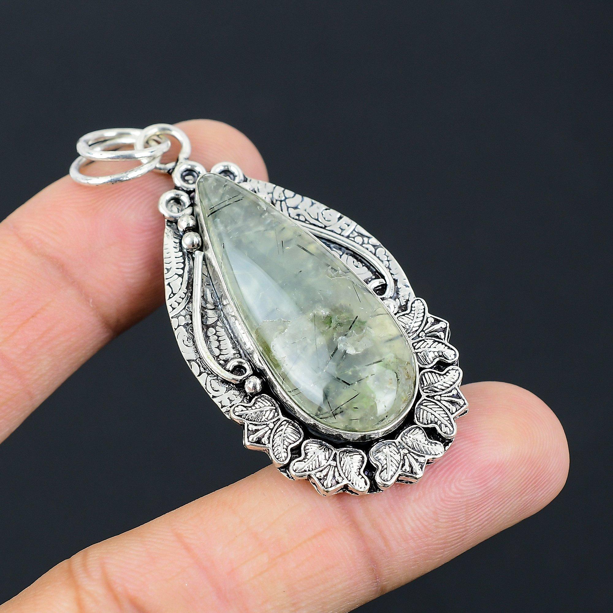 Sterling Silver Pear Moss Prehnite Gemstone Handmade Daughter Pendant Jewelry