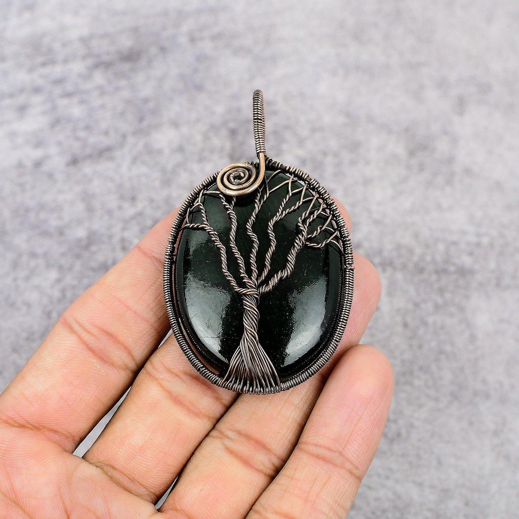 Tree Of Life Green Zade Pendant, 999 Copper Wire Wrapped Gemstone Jewelry, Handmade Pendant, Gift For Love