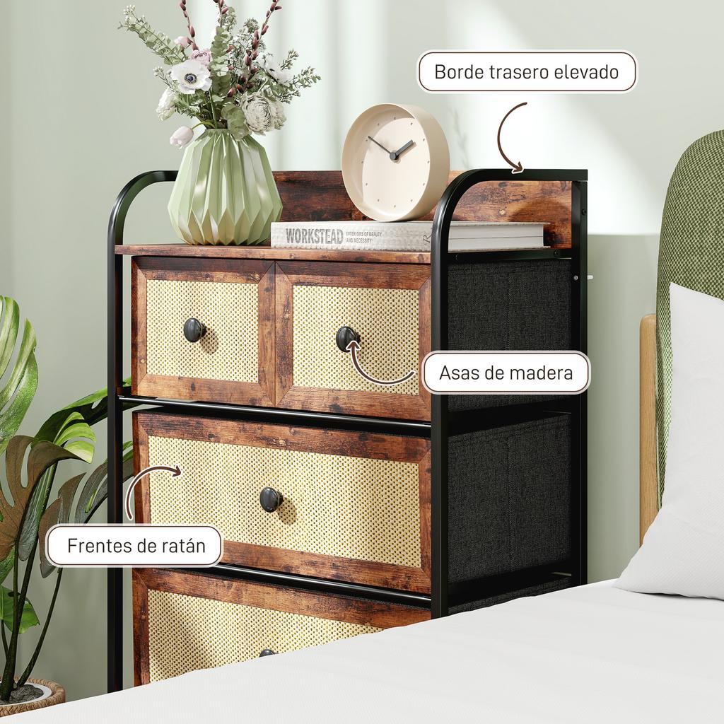 Bedroom Chest of Drawers with 5 Drawers with Rattan Fronts and Steel Frame 58x29x99 Cm Rustic Brown