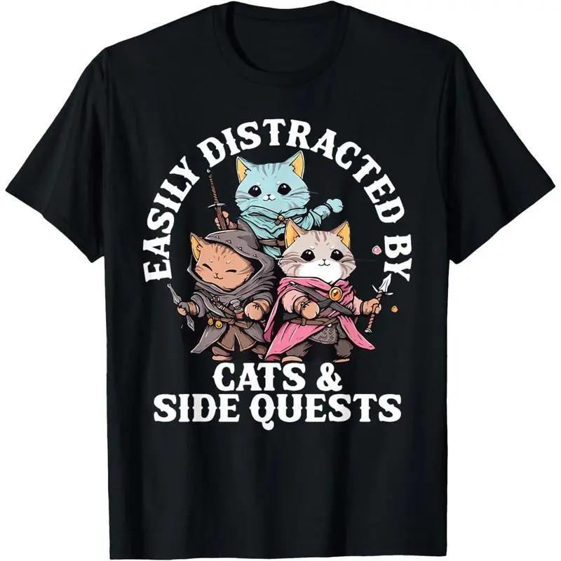 Easily Distracted By Cats and Side Quests T-Shirt Funny RPG Gamer Graphic Tee S разноцветный