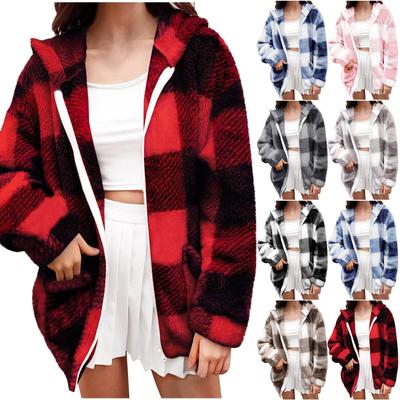 Women's Fashion Loose Plaid Loose Casual Long Sleeve Hooded  Cardigan Zipper Jacket