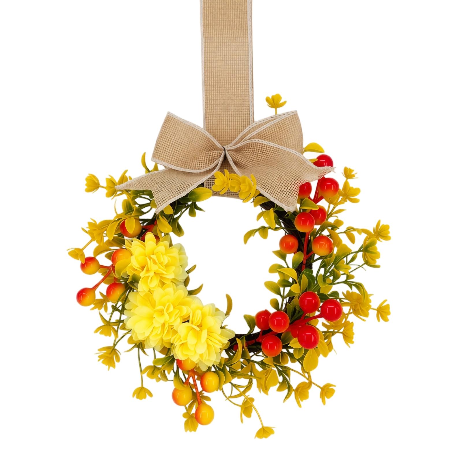 23cm Artificial Berry and Chrysanthemum Wreath with Bow Autumn Decorative Garland for Door Wall Hanging Home Decoration One Size