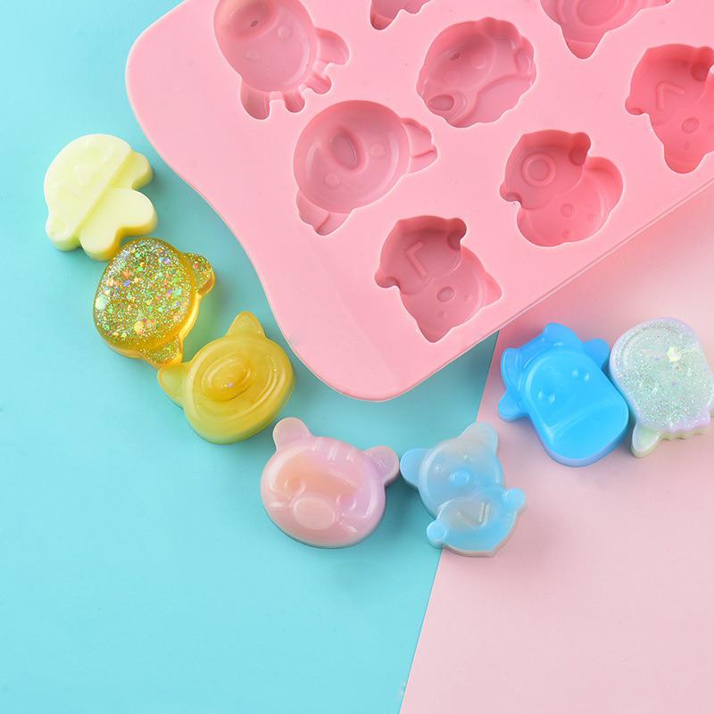 Cartoon Animal 15 Grid Push-Type Soft Bottom Ice Cube Mold Household Silicone Ice Tray Homemade Ice Cube Food Grade