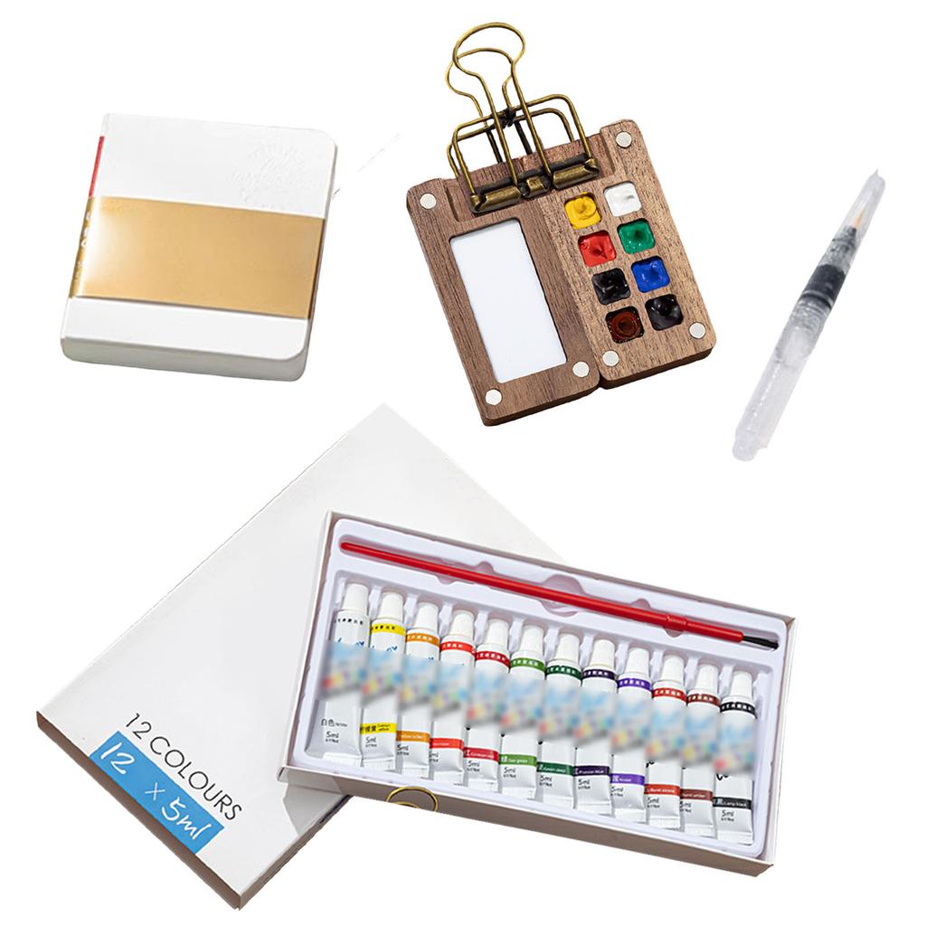 Watercolor Palette Set Mini Pocket Artist Watercolor Paint Palette Travel Sets with Brush and Sketchbook for Painters Artists