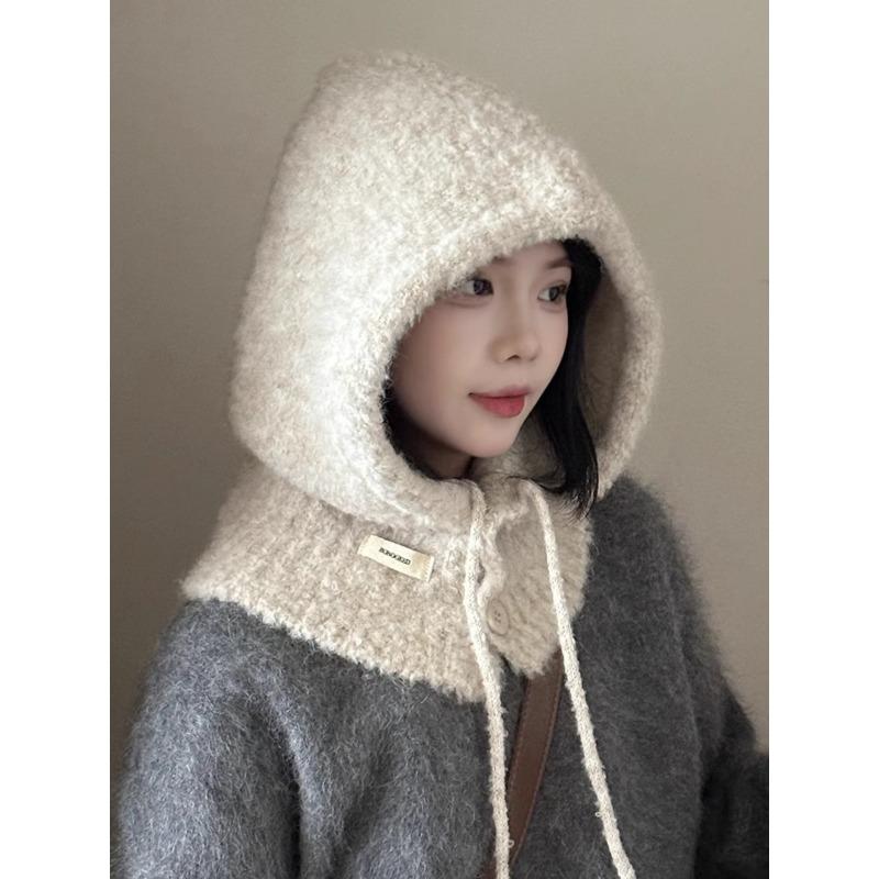 Korean Wool Balaclava Women's Autumn and Winter Windproof Warm Ear Protection Hat Scarf Integrated Knitted Woolen Hat