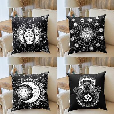 Tarotkarte Sonne Mond Sterne Schwarzweiß Mandala-Druck Kissenbezug Mysterium Wahrsagerei Dekoration Sofa Heimdekor Kissenbezug