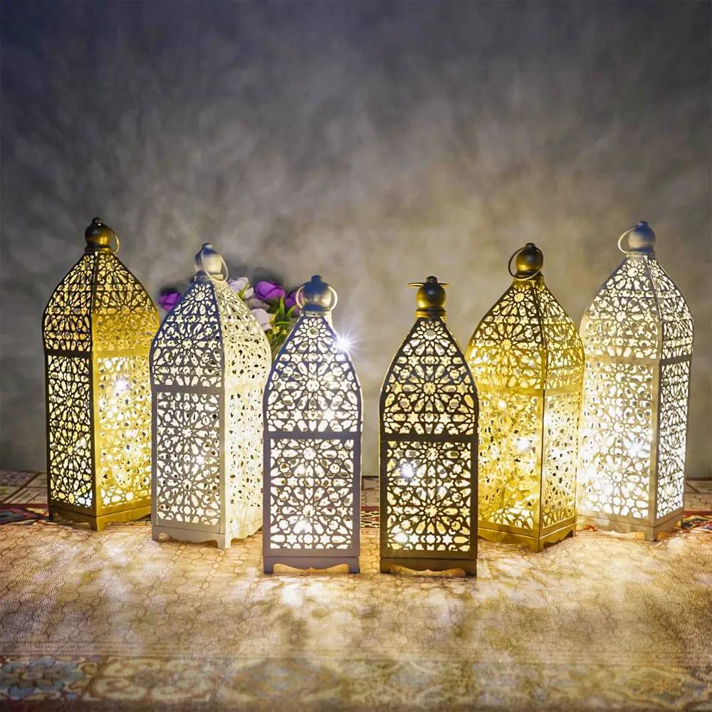 Home Ornament Iron Art Moroccan Night Light Hollow Battery Powered Masjid Lantern Vintage Eid Lamp Mosque