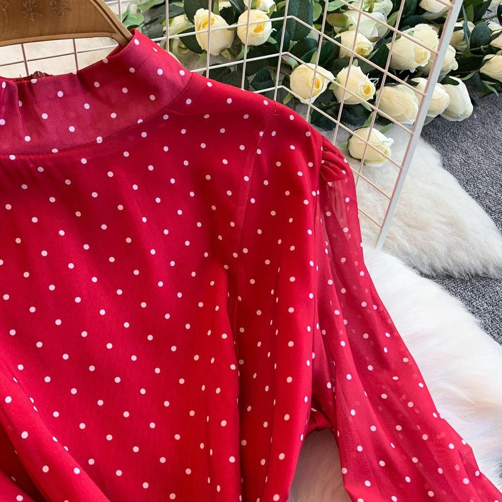 Elegant Polka Dot Ruffle Dress - Women's Spring/Summer Tie-Waist Long Sleeve Skirt