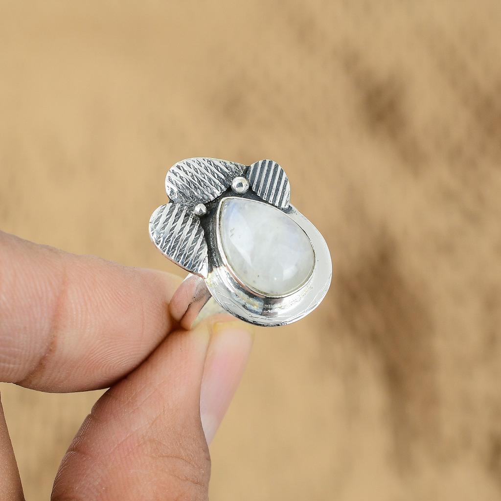 925 Sterling Silver Pear Rainbow Moonstone Stone Ethnic Statement Ring Jewelry