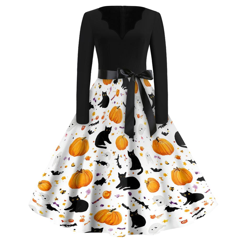 Women's Casual Halloween Dress V Neck Long Sleeve Retro Style Vintage Ghost Print Midi Dress with Waist Tie for Daily Wear