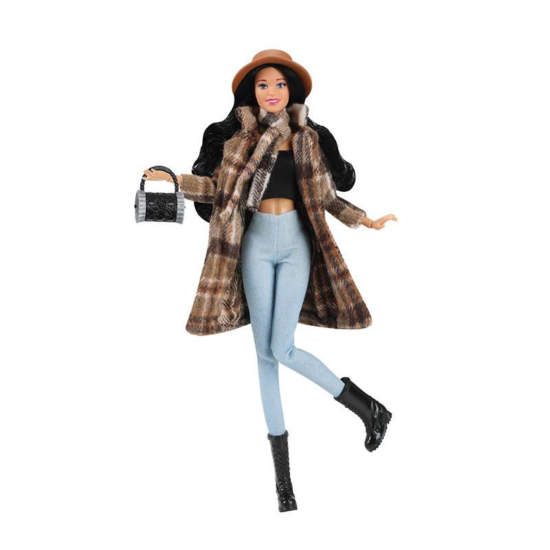 Bambola Giocattolo Moda Europea FR Supermodella 30cm Set alla Moda con Giacca Invernale+Pantaloni in Pelle+Borsa+Cappello Bambola 1/6 Articolata Giocattolo Vestire