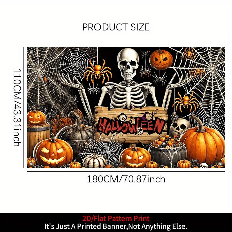 1 item, Halloween banner background decoration, 2D flat skull figure, pumpkin and spider web pattern background wallDJH