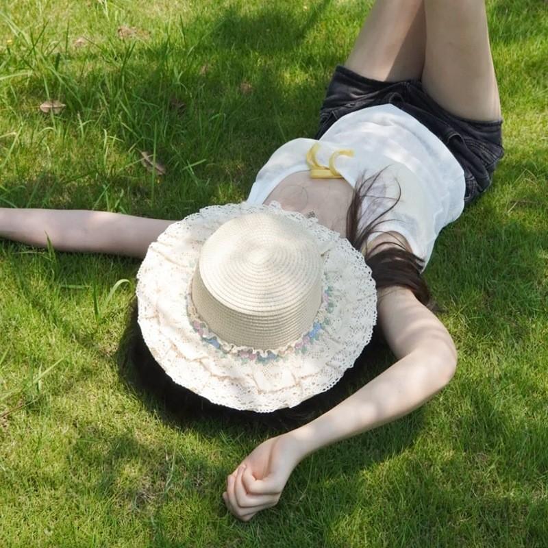 French Lolita Lace Flower Sun Hat With Wide Brim For Summer Beach Outdoor Wear