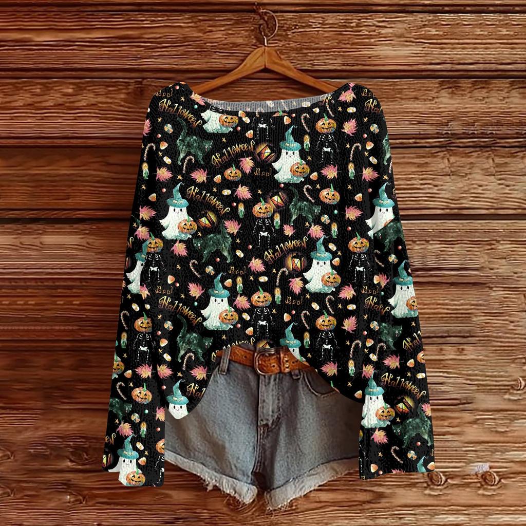 Womens  Fall Sweaters Long Sleeve Print Tops Pullover Sweaters Loose Dressy Casual Basic Clothes