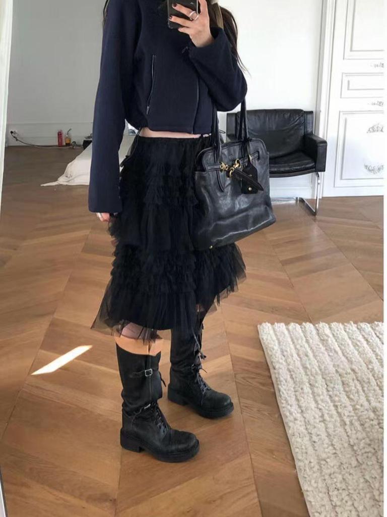Korean MORE THAN YESTERD*Y Winter 25 Mesh Cake Lace Skirt