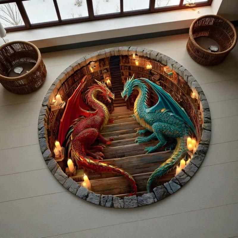 Dragon Book Round Rugs 3D Book Library Fantasy Rug Mythical Creature Home Decor Gift for Dragon Lovers Dragon Lover Book Decor