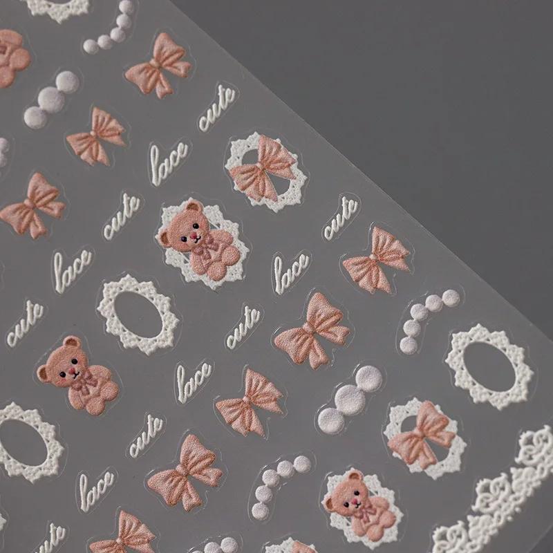 Cute Litter Bear Bowknot 5D Soft Embossed Reliefs Self Adhesive Nail Art Stickers Retro Black White Lace 3D Manicure Decals