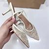 Fashion Designer Embroidered Mesh White Stringbead Heeled Sandals Women Sexy Pointed Toe Slingback Mules High Heels Elegant Party Shoes