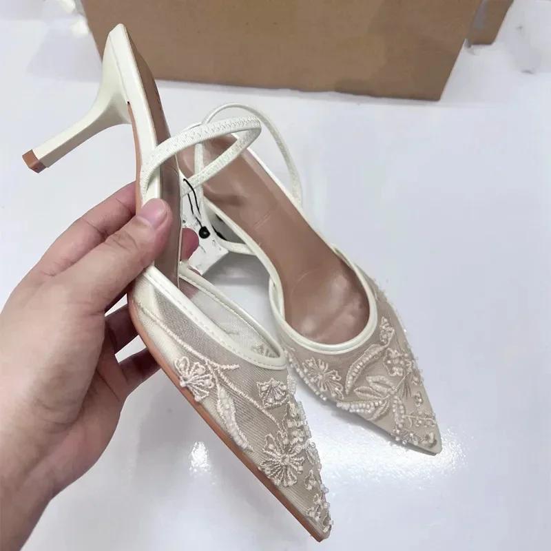 Fashion Designer Embroidered Mesh White Stringbead Heeled Sandals Women Sexy Pointed Toe Slingback Mules High Heels Elegant Party Shoes