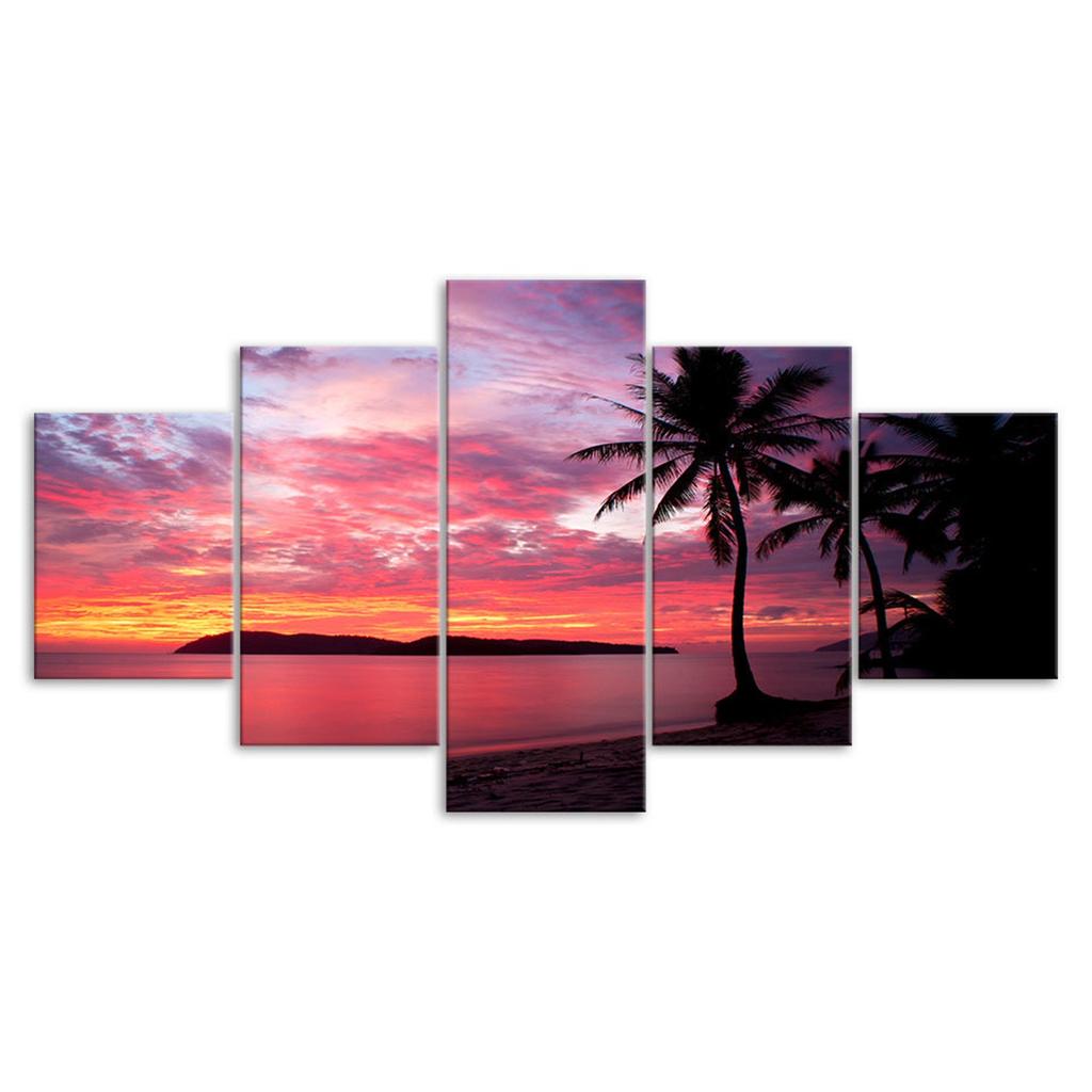 Tropical Island Paradise Sunset Canvas 5 Piece Five Panel Wall Print Modern Art Poster Picture Home Decor Gift For Him For Her
