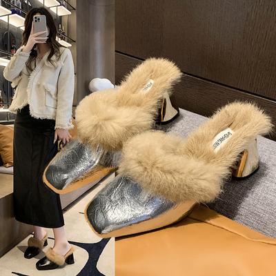 Pantoufles pour femmes à bout pointu, mules élégantes, pantoufles d'automne fourrées, chaussures à talons hauts, chaussures pour femmes pour le travail de bureau, mules pour femmes, zapatos de mujer