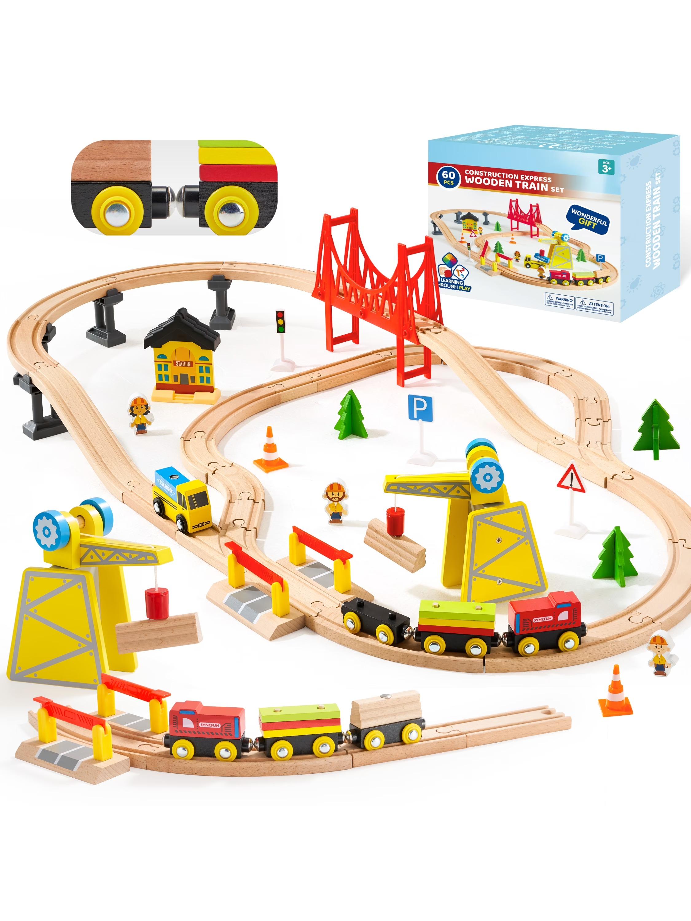 

Joyfy 60 Pcs Kids Train Toys Wooden Tracks & 6 Magnetic Trains Expandable Train Set for Toddlers Birthday Christmas Gifts