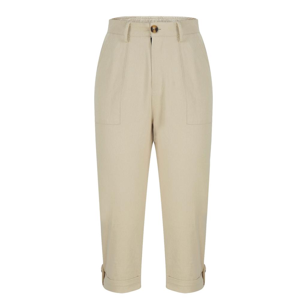 Women Casual Capri Pants High Waisted Rolled Cuff Ankle Pants Solid Color Pocket Detail Loose Fit Trousers