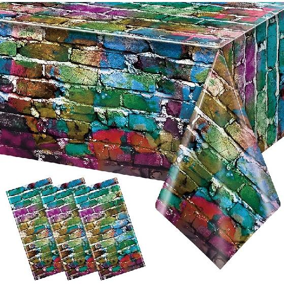 3 Pack Colorful Brick Tablecloth Rectangle, Graffiti Brick Wall Backdrop Photo Background, Plastic Retro Brick Table Cover, Brick Wall Scene for 80s 3 Pack