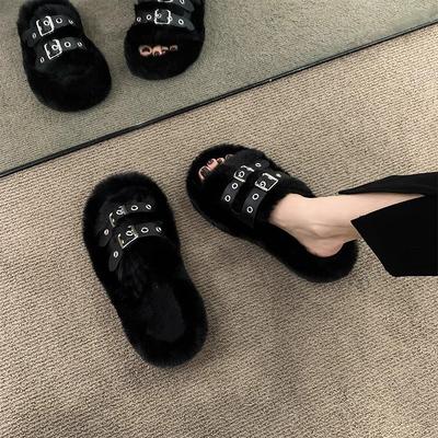 Thick-bottomed Versatile Fluffy Slippers Women's 2025 Autumn and Winter New Non-slip Home Wear One Word Out Plush Cotton Mop
