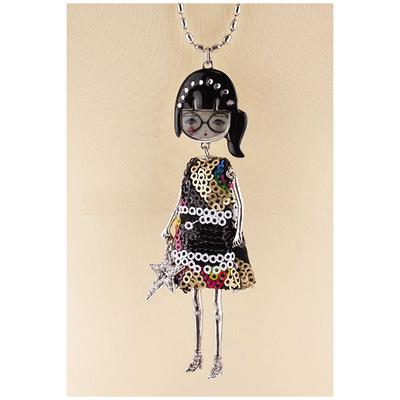 [R6278] - Designer Long Necklace 'Lilipoupettes' (articulated Doll) Black Multicolored - 80 Cm - 11x3 Cm