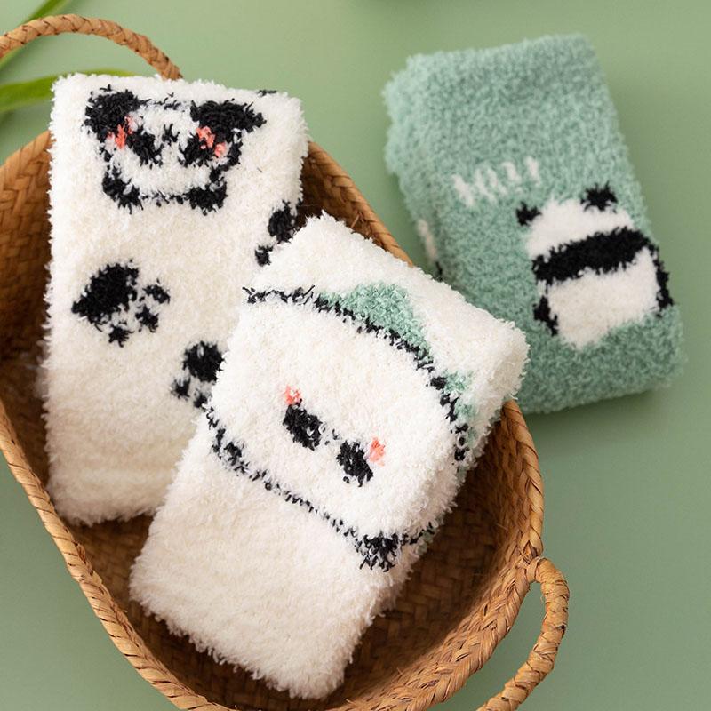 3Pairs/lot Women Socks Winter Cute Panda Coral Fleece Fuzzy Socks FemaleThickened Socks For Girl