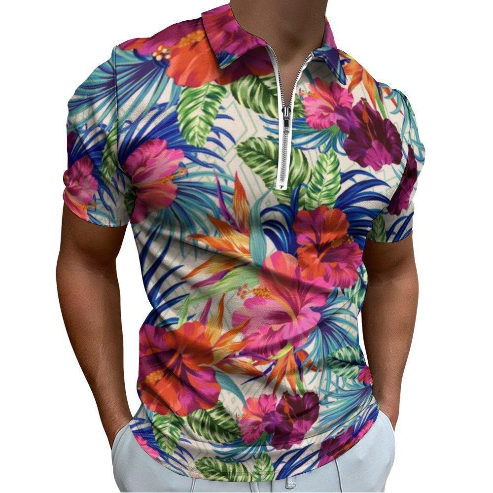 Star Print Half-zip Short Sleeve Polo Shirt, Trendy Casual Fashion Top