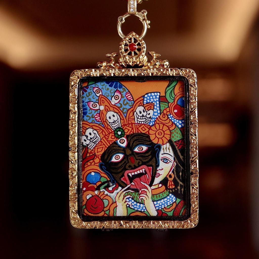 3D Hand-Painted Yellow Jambhala Thangka Zhakiram Gau Box Necklace