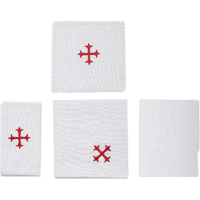 4 Pack Altar Supplies Linen Corporal for Churches Set(Pall,Corporal,Purificator,Towel),White Linen Altar Cloth Red Cross Embroidery,Mass Kit Catholic