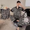 Ice Silk Couple Pajamas: Summer Silk Three-Piece Set with Short Sleeve, Shorts, and Long Pants In Elegant Horse Pattern for Homewear.